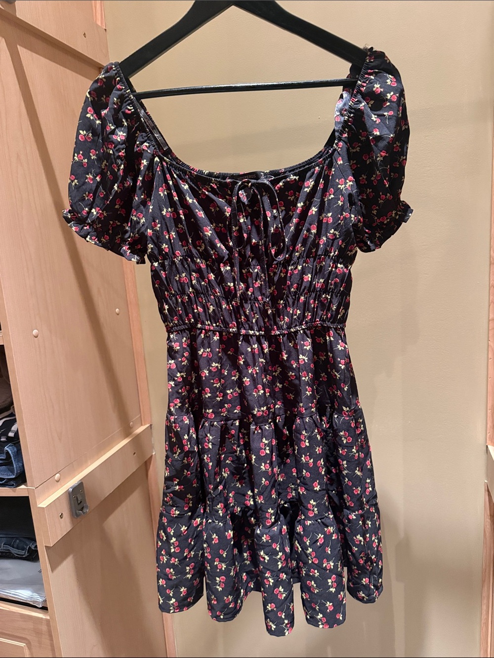 Black Floral Asymmetrical Mini Dress with Pink Bloom